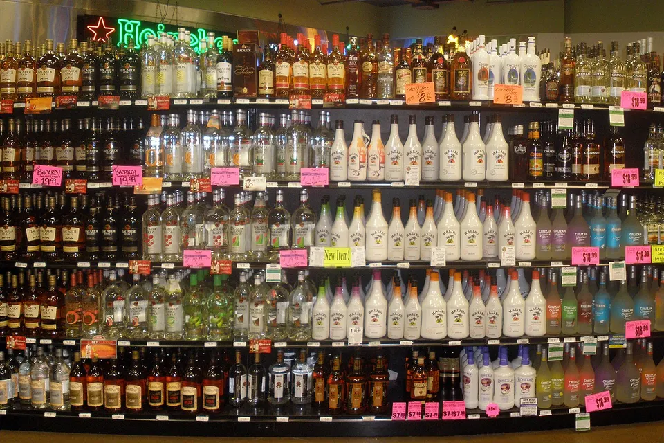 Shelves of rum bottles in an American liquor store